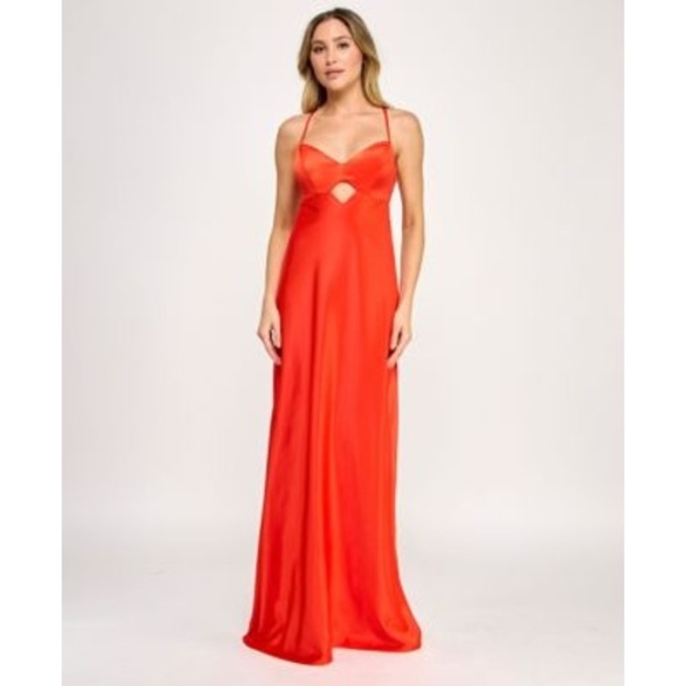 Seni & Cade Maxi Dress Women Small Tomato Red Satin Lace Up Back Gown 24S7EX3ATP